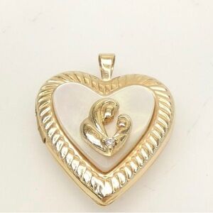 Mother and Child 10k solid gold and diamond mother of pearl heart locket pendant